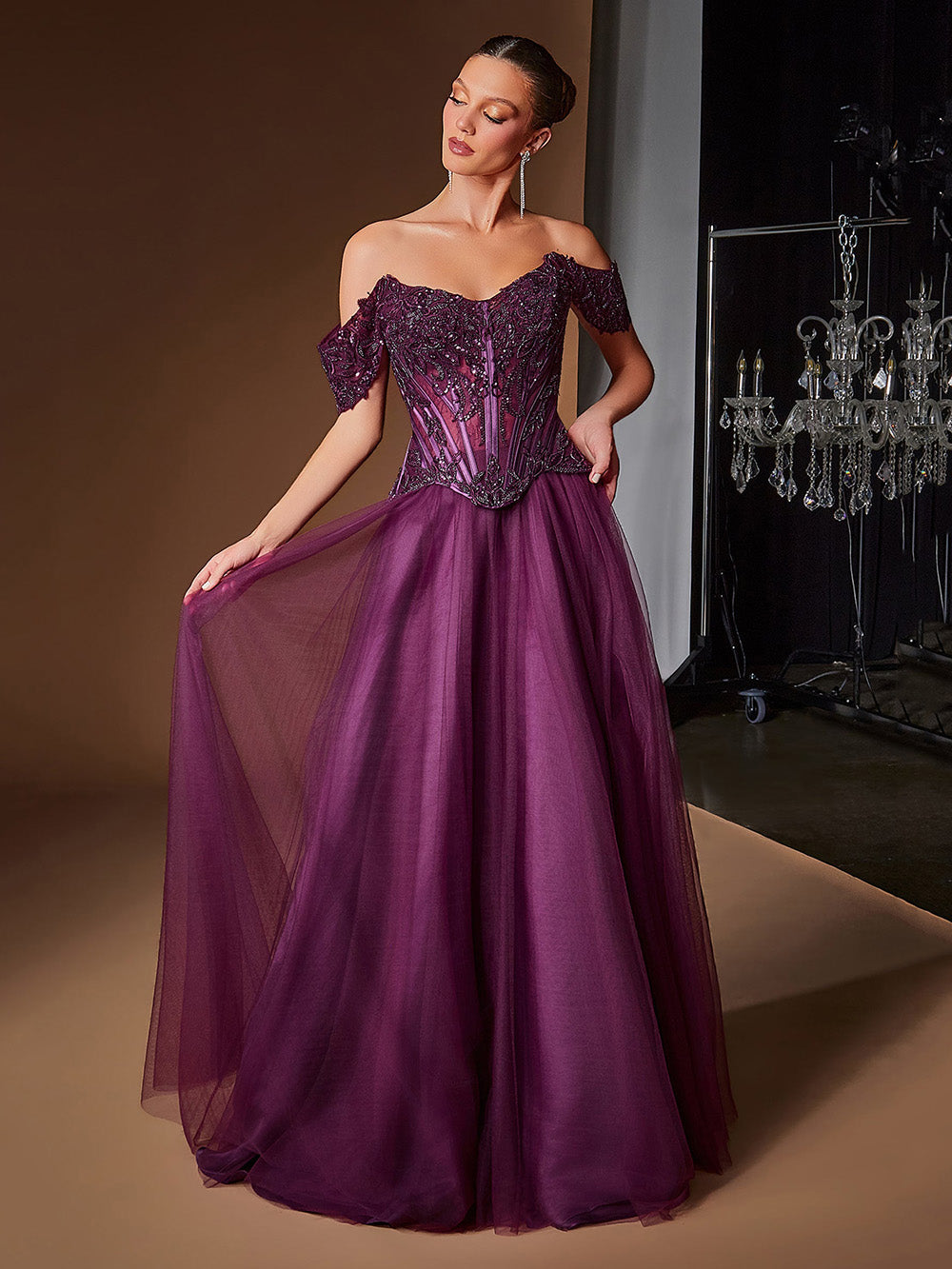 Purple Prom Dress Off The Shoulder Corse Appliques Beaded Tulle A Line Formal Evening Gowns Ms2607301