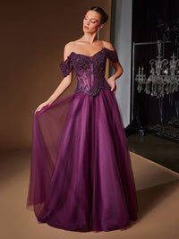 Purple Prom Dress Off The Shoulder Corse Appliques Beaded Tulle A Line Formal Evening Gowns Ms2607301