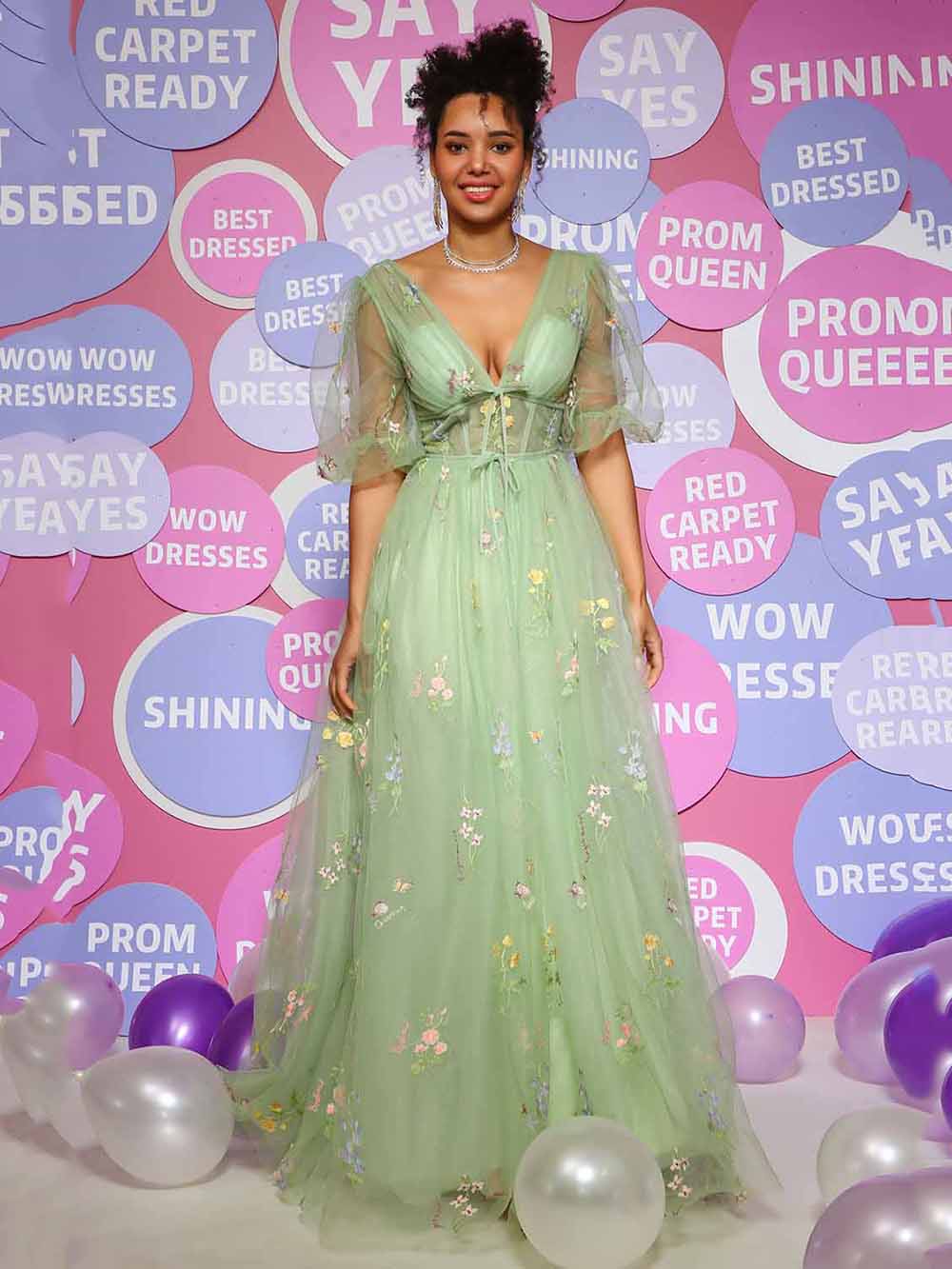 Prom Dress V Neck Puff Sleeves A Line Floral Embroidered Evening Gown Ms2510185