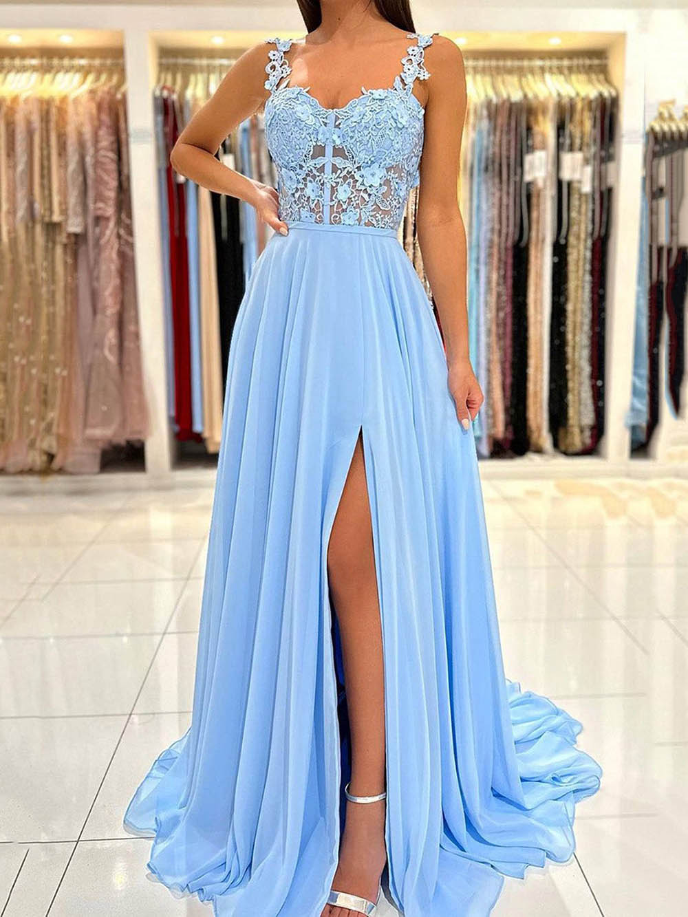 Spaghetti Straps High Slit Party Dress Corset Prom Dress with Appliques Ms2509263