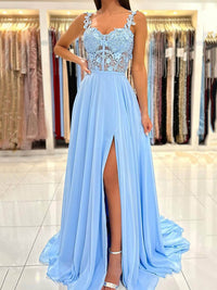 Spaghetti Straps High Slit Party Dress Corset Prom Dress with Appliques Ms2509263