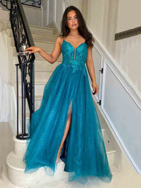 Glitter Tulle Prom Dress Spaghetti Straps Lace Corset High Slit Evening Gown Ms2601302