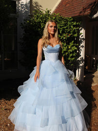 Sky Blue Prom Dress Sweetheart Corset Tiered Organza Ball Gown Princess Formal Dress Ms2607161