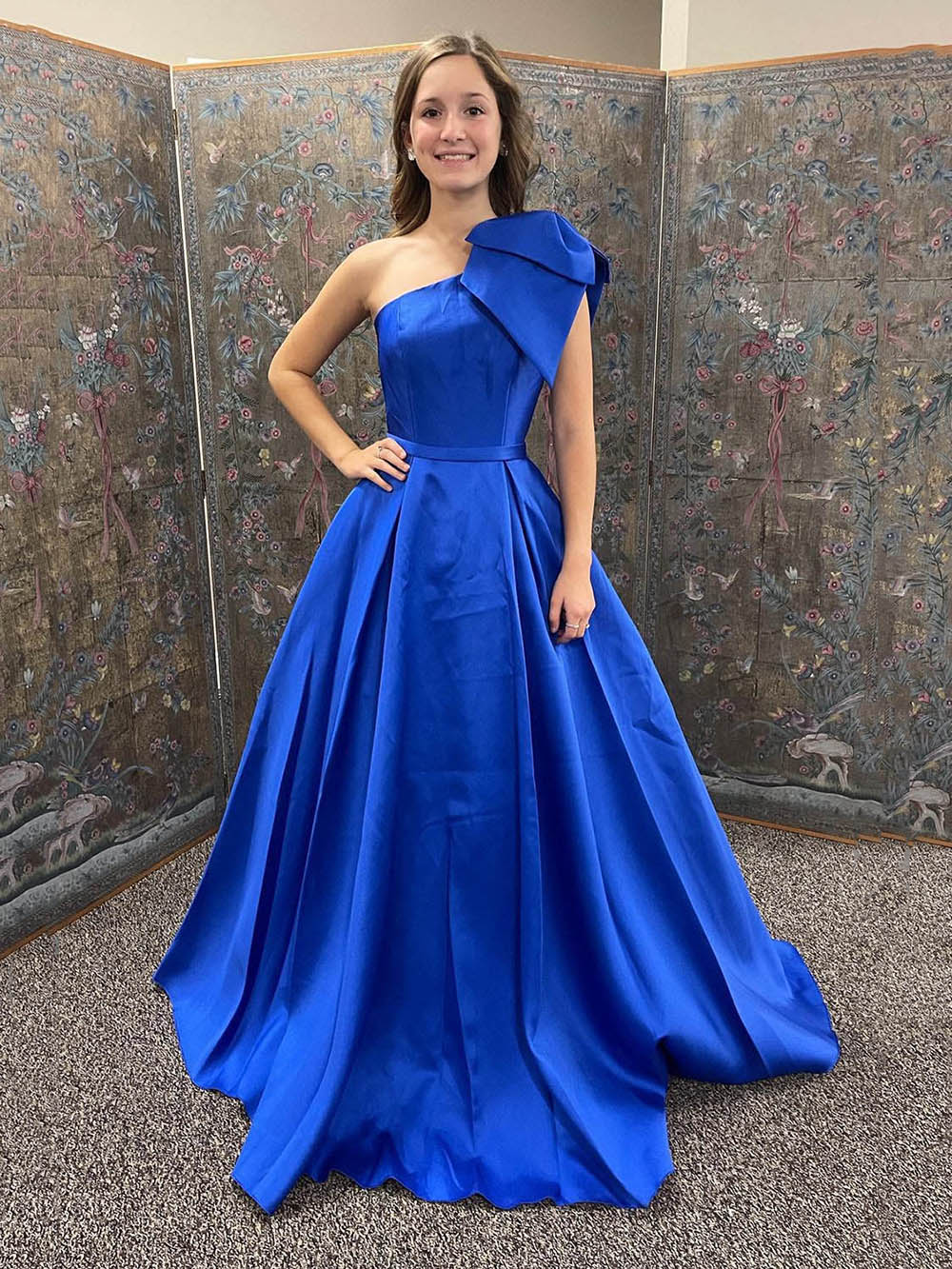 Royal Blue One Shoulder Prom Dress Bowknot Satin Evening Dress Ms2511212