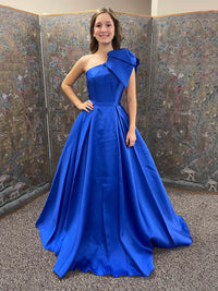 Royal Blue One Shoulder Prom Dress Bowknot Satin Evening Dress Ms2511212