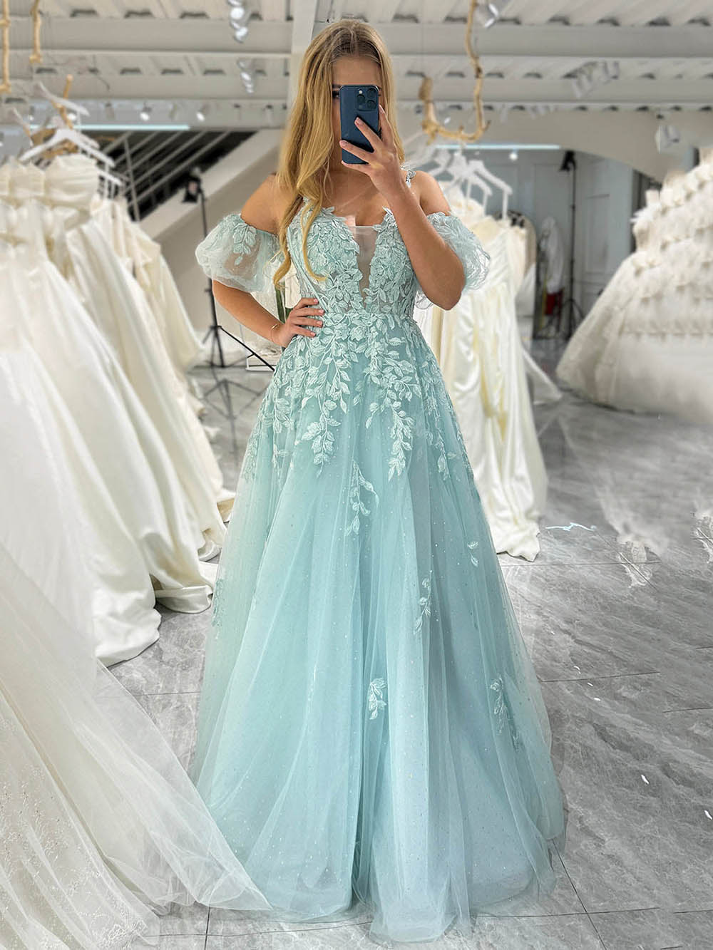Mint Green A-Line Evening Dress Puff Sleeves Lace Appliqus Prom Dress Msikoods Official Store Mint Green A-Line Evening Dress Puff Sleeves Lace Appliqus Prom Dress Msikoods Official Store