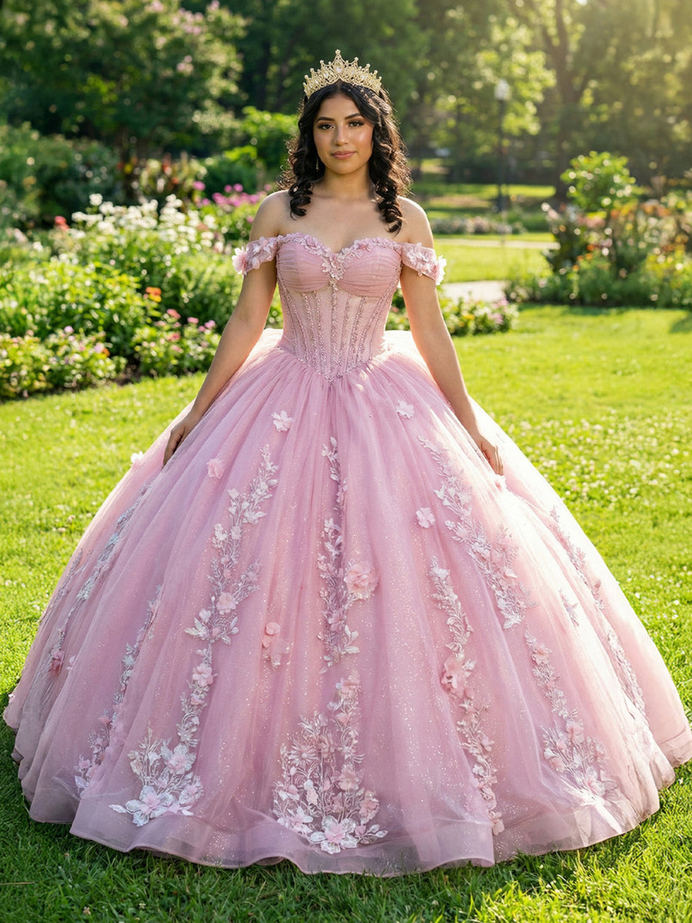 Pink Quinceanera Dress Off Shoulder Floral Appliques Corset Glitter Sweet 16 Dress Gown Ms2605114