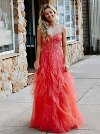 A Line Tulle Prom Dress Sweetheart Lace Appliques Corset Layered Ruffle Evening Gown Ms2606124