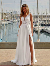 V Neck Lace Wedding Dresses Cape A Line Chiffon Bridal Gown With Slit Ms2603011