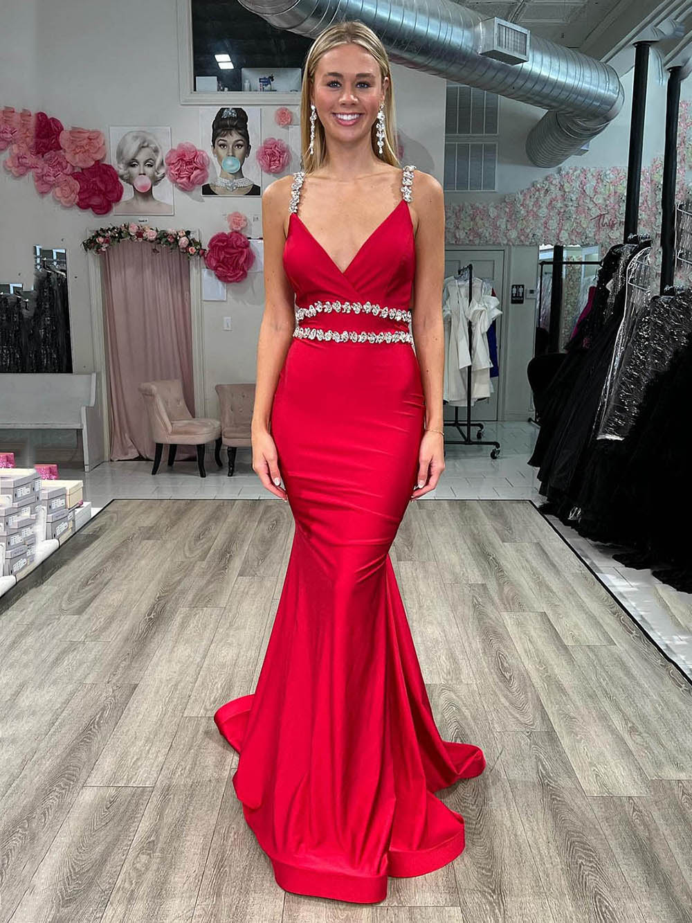 Red Crystal Strap Mermaid Prom Dress V Neck Satin Evening Gown Ms12511 –  Msikoods Official Store