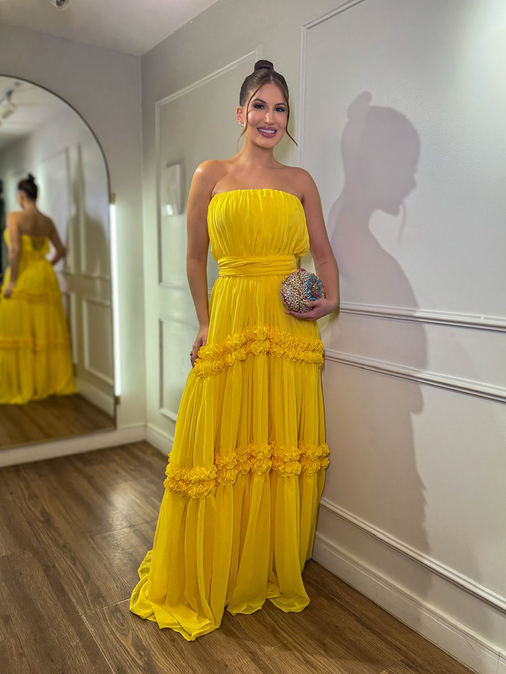 Yellow Chiffon Evening Dress Strapless Tiered Pleated A Line Formal Prom Dress Ms2607113