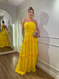 Yellow Chiffon Evening Dress Strapless Tiered Pleated A Line Formal Prom Dress Ms2607113