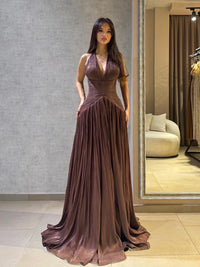 Brown Shiny V Neck Pleated Halter Evening Dress A Line Prom Dress Ms2604172
