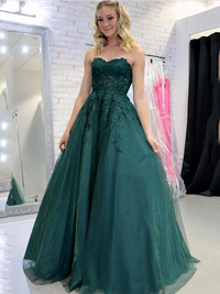 Green Strapless A-Line Prom Dresses Lace Appliques Graduation Dress Ms2508273