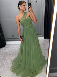 One Shoulder Prom Dress Pleated A Line Tulle Evening Gown Floor Length Formal Dress Ms2607291