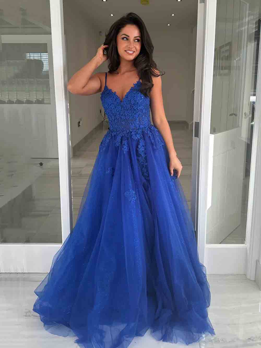 Lace Tulle Spaghetti Strap Prom Dress Glitter Evening Gown Ms2601291