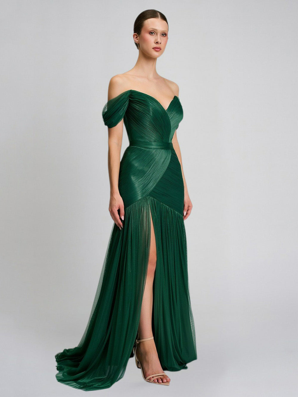 Off Shoulder Evening Dresses Pleated Tulle High Slit Prom Dress Ms2604242