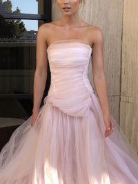 Blush Pink Prom Dress Strapless Ruched Tulle Ball Gown Formal Gown Evening Dress Ms2609054