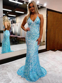 Sequin Mermaid Prom Dress V Neck and Open Back Party Gown Ms2511181