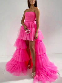 Strapless Prom Dress Layered Tulle High Slit Evening Party Dress MS2509265