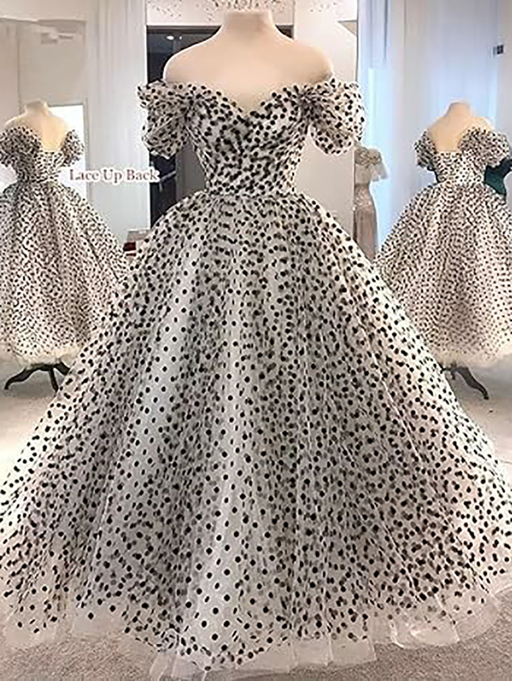 Vestido de Noite Vintage com Ombros Descobertos e Bolinhas, Vestido de Baile Formal para Festa