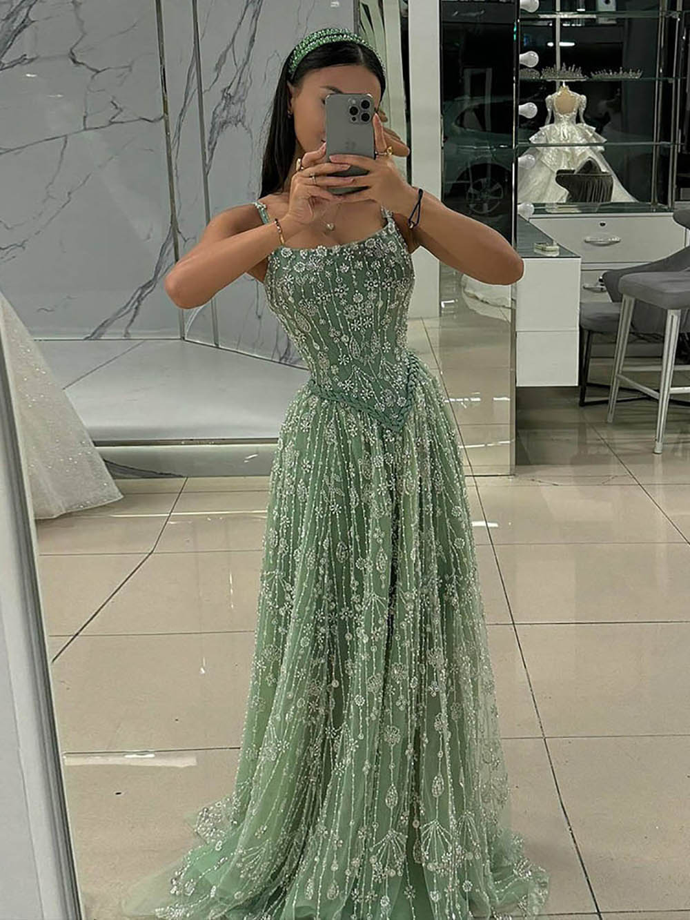 Mint Green Beaded Evening Gown Spaghetti Strap Corset A Line Prom Dress Ms2512191