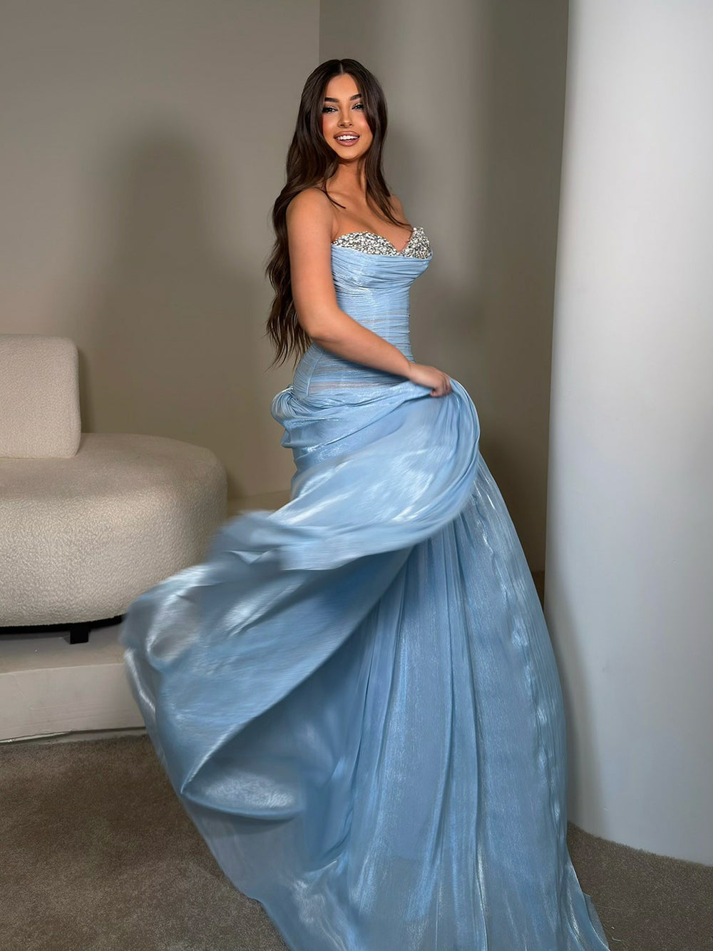 Robe de soirée élégante à volants verts pour femme, robe de soirée à col rond, robe de soirée formelle