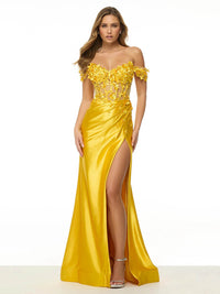 Off-Shoulder 3D Floral Satin Prom Dress with Slit Evening Gown Ms2602051