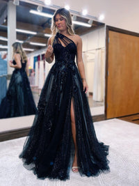 One Shoulder Slit Sparkly Prom Dress Flower Formal Evening Dress Ms2508095