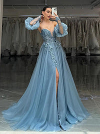 Sparkly Party Dress Off Shoulder Lace Appliqué High Slit Tulle Prom Dress Ms2506181