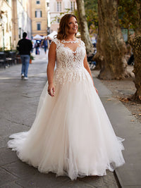 Romantika Punta Aplikaĵa Geedziĝa Robo Senŝultra Tula A-linia Geedziĝa Robo Ms2503262