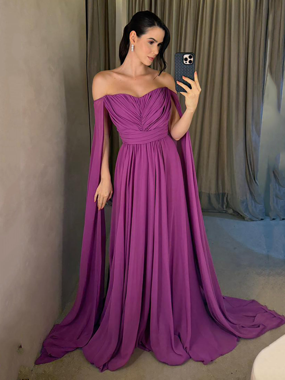 Off Shoulder Evening Dress A Line Cape Sleeve Pleated Chiffon High Slit Prom Dress Ms2606235