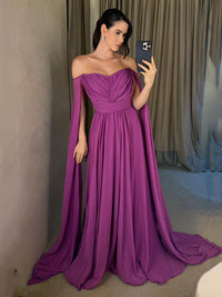 Off Shoulder Evening Dress A Line Cape Sleeve Pleated Chiffon High Slit Prom Dress Ms2606235