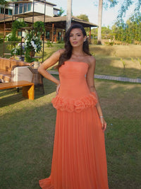 Orange Prom Dress Strapless Pleated Chiffon A Line Formal Evening Gowns Ms2607283