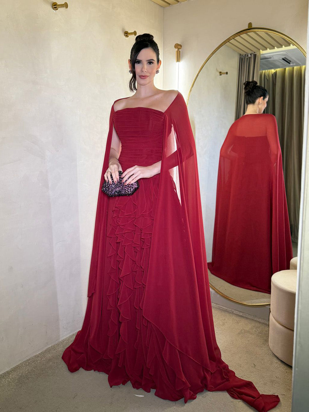 Off Shoulder Chiffon Cape Sleeves Evening Dress Ruched Layered Ruffle Formal Prom Dress Ms26070534
