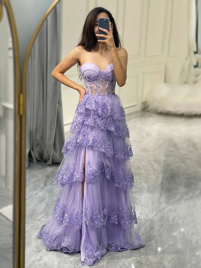 Lavender Strapless Corset Evening Dress Tiered Lace Appliques High Slit Formal prom Gown Ms2601086