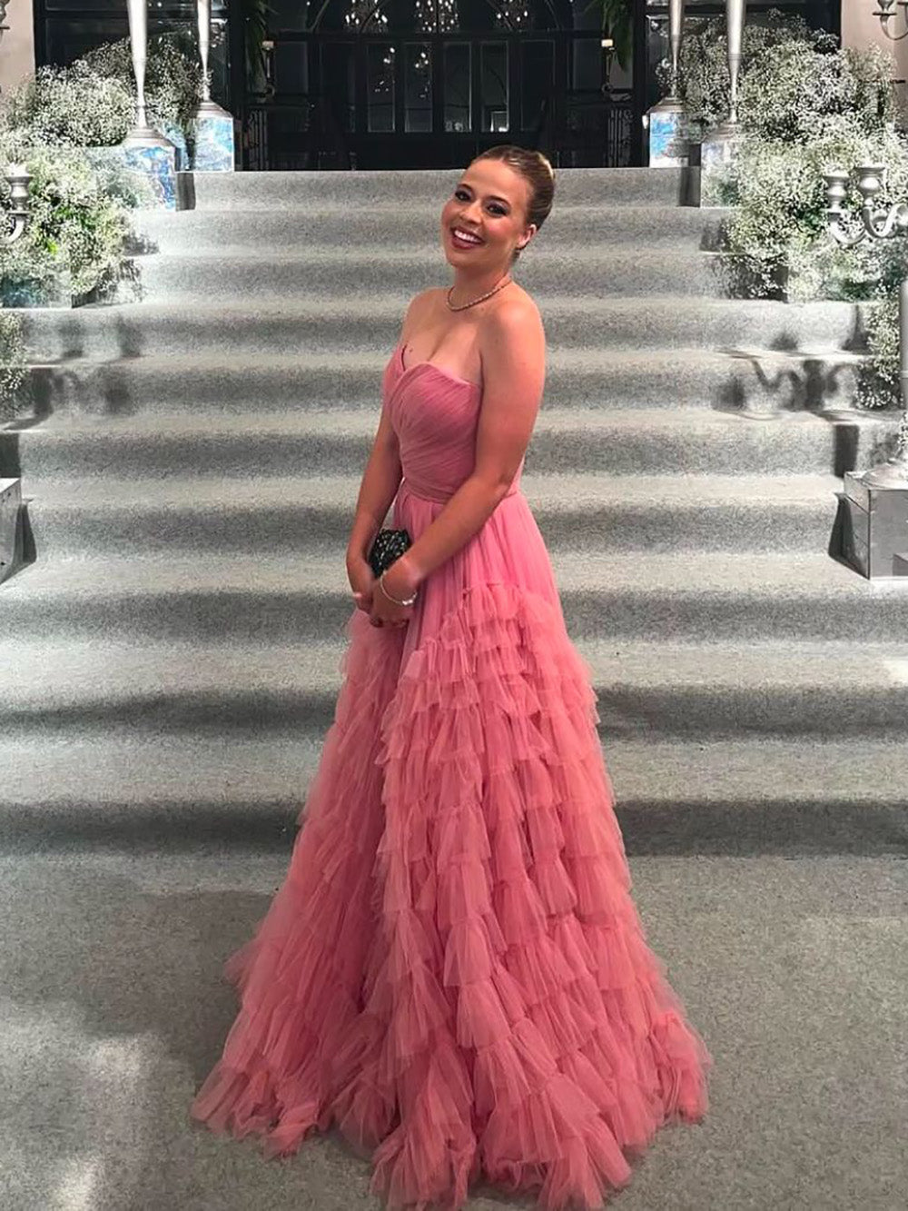 Pink Tulle Evening Dress Strapless Tiered A Line Prom Dress Party Gown Ms2607103