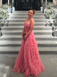 Pink Tulle Evening Dress Strapless Tiered A Line Prom Dress Party Gown Ms2607103