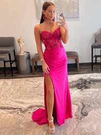 Strapless Corset Prom Dress Sequin Lace High Slit Satin Party Gown Ms2510186