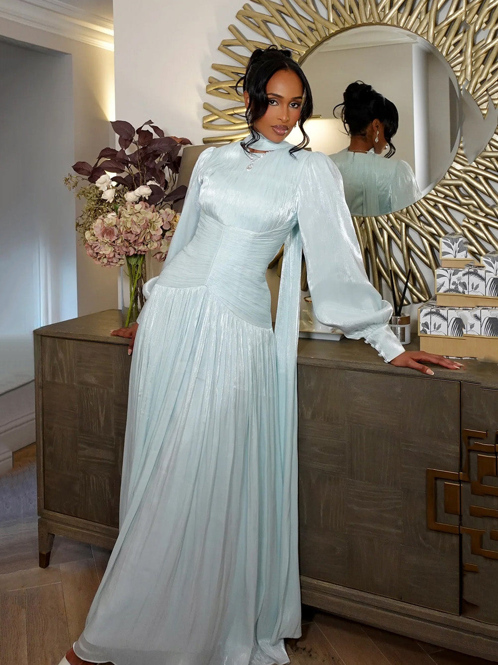 O Neck Long Sleeve Corset Pleated Evening Dress Modest Formal Prom Dre – Msikoods Official Store