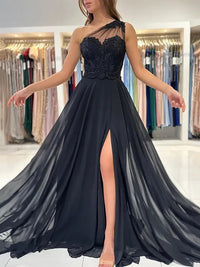 One Shoulder Prom Dress High Slit Chiffon A Line Evening Gown Lace Appliques Formal Dress Ms2606142