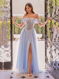 Off Shoulder Corset Lace Appliques Prom Dress Tulle A Line High Slit Formal Evening Gowns Ms2607312