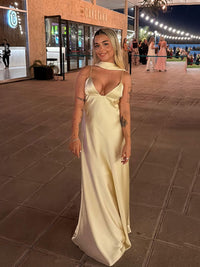 Sexy Satin Slit Evening Dress Deep V Neck Open Back Scarf Formal Prom Dress Party Gown Ms2607213