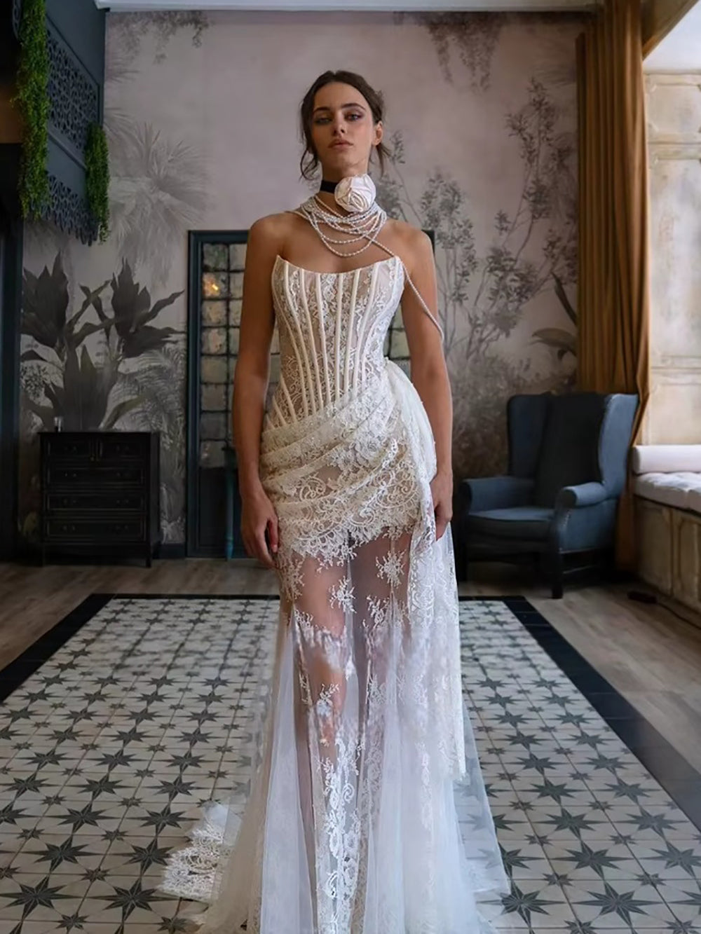 Lace Corset Bridal Dress Illusion Vintage Sexy Mermaid Wedding Dress W – Msikoods Official Store