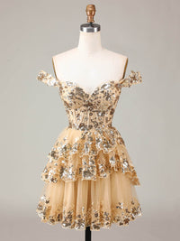 Gold Sequin Prom Dress Lace Layered Off Shoulder Mini Party Dress Ms09193