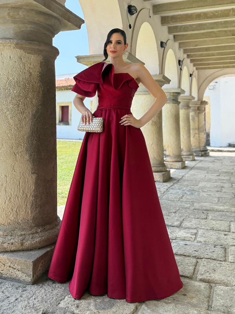 Burgundy One Shoulder Formal Evening Dress A Line Satin Prom Dress Ms2607012