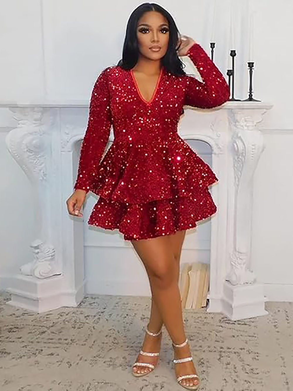 Long Sleeve Short Sequin Prom Dresses Sequin Winter Formal Dresses