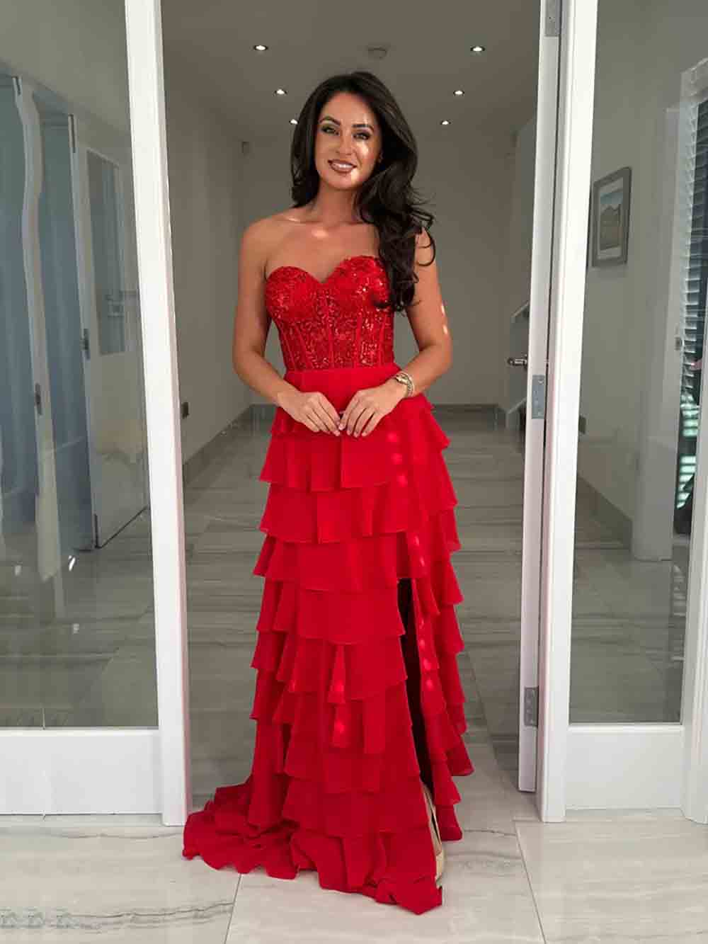 Red Stunning Evening Gown with Side Slit Strapless Prom Dress Ms26013010