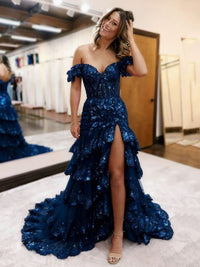Off Shoulder Sequin Mermaid Prom Dress High Slit Layered Tulle Formal Dres Ms2601072