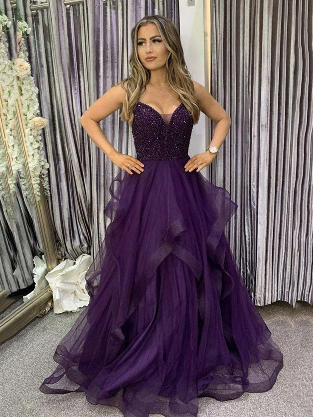 Purple Beaded Prom Dress V Neck  Layered Ruffle Tulle Evening Gown Sparkly Formal Party Dress Ms2607281